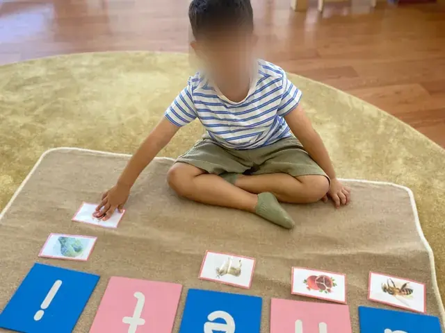 Harf kartları ve resimlerle sözcük kuran bir çocuk