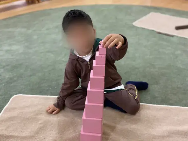Halı üzerinde pembe kuleyi kuran bir çocuk