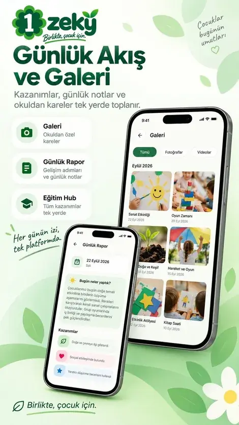 Günlük akış ve galeri: günlük rapor, kazanımlar ve okuldan fotoğraflar bir arada (demo veri)
