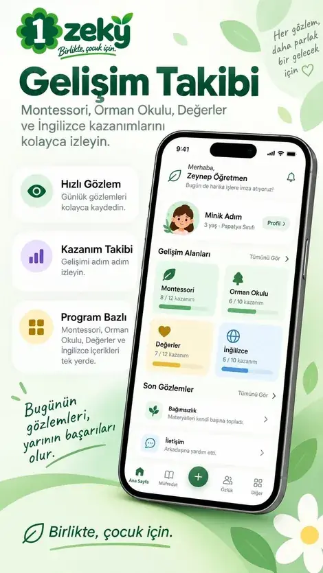 Gelişim takibi: Montessori, orman okulu, değerler ve İngilizce kazanımları çocuk bazında (demo veri)