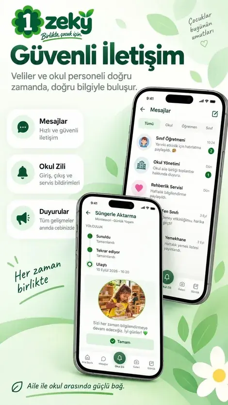 Güvenli iletişim: veli ile okul arasında mesajlar, Okul Zili bildirimleri ve duyurular (demo veri)
